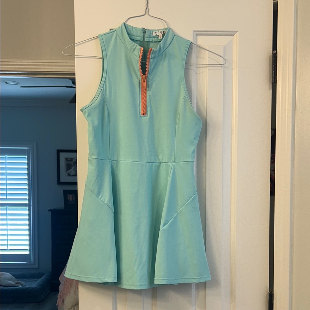 Aqua Sleeveless Tennis Dress with Orange Zipper